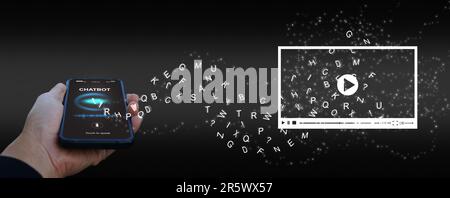 Text to video concept, text-to-video by generative AI. Language model technology. Hand uses a smartphone with chatbot app to make a vdo generated by a Stock Photo