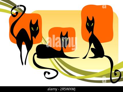 Three black cats on a striped background. Halloween  illustration. Stock Vector