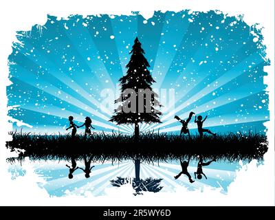Silhouettes of children playing in the snow Stock Vector