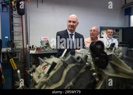 Venelles, France. 1st June, 2023. Roland Lescure (center) is seen during a visit to the GCK Group's Formula F company. Roland Lescure, Minister Delegate for Industry, visits Solution F, a member of the GCK group, specializing in the development of carbon-free solutions based on hydrogen technology for transport, in Venelles, France. (Credit Image: © Laurent Coust/SOPA Images via ZUMA Press Wire) EDITORIAL USAGE ONLY! Not for Commercial USAGE! Stock Photo