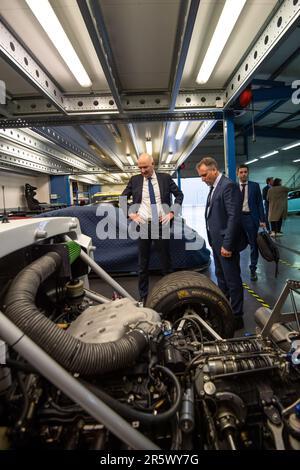 Venelles, France. 1st June, 2023. Roland Lescure (center) is seen during a visit to the GCK Group's Formula F company. Roland Lescure, Minister Delegate for Industry, visits Solution F, a member of the GCK group, specializing in the development of carbon-free solutions based on hydrogen technology for transport, in Venelles, France. (Credit Image: © Laurent Coust/SOPA Images via ZUMA Press Wire) EDITORIAL USAGE ONLY! Not for Commercial USAGE! Stock Photo