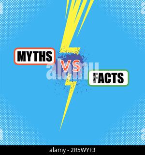 Facts and Miths Sign with Yellow Lightning Bolt on Blue Dotted Background. Versus Battle Banner. Stock Photo