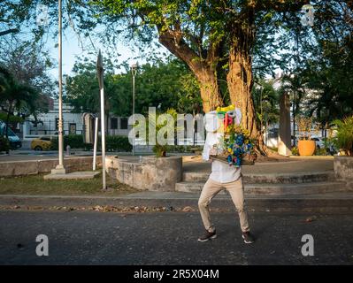 Barranquilla, Atlantico, Colombia - February 21 2023: Colombian Dressed as the Main Character of the Carnival Known as 'Marimonda' Poses in Front of t Stock Photo