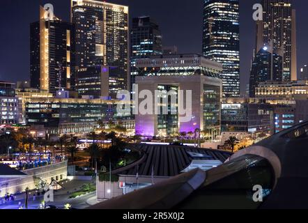 Dubai, UAE, financial district night cityscape from the Museum of the Future Stock Photo