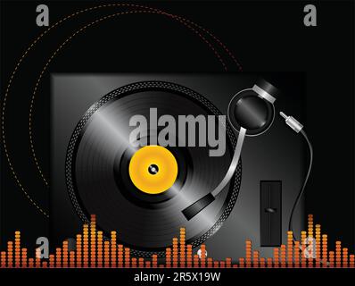 Vector background illustration of turntable, vinyl disc and equalizer Stock Vector