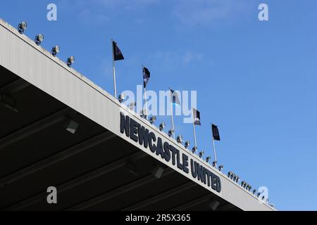 A general view of the East Stand with the BetFred, Super League and Magic Weekends flags during the BetFred Super League match between Saint Helens and Huddersfield Giants at St. James's Park, Newcastle on Sunday 4th June 2023. (Photo: Mark Fletcher | MI News) Credit: MI News & Sport /Alamy Live News Stock Photo
