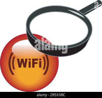 magnifying glass over top of wifi button Stock Vector