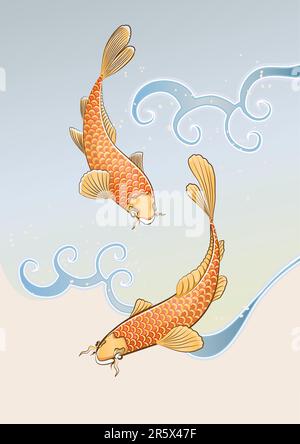 Vector illustration of two koi carps splashing in water and swiming around in a cool pond. Stock Vector