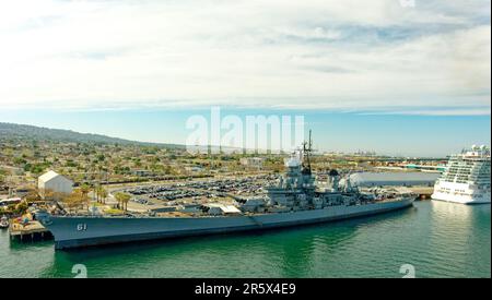 LOS ANGELES - April 22, 2023: The USS Iowa is a retired battleship, Iowa was the only ship of her class to have served in the Atlantic Ocean during Wo Stock Photo