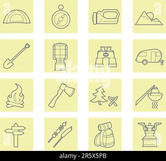 Camping equipment and outdoor travel icons set Stock Vector