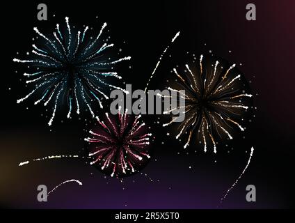 Vector  illustration of different fireworks lighting up the sky in black background.  Great for celebration and festive works. Stock Vector