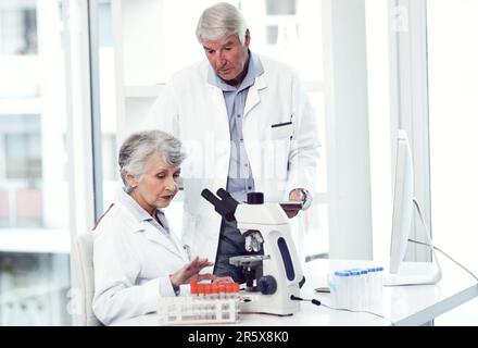 Masters in their profession. two elderly and focused scientists working together inside of a laboratory. Stock Photo