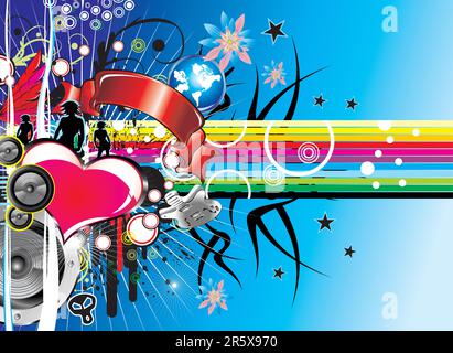 Abstract grunge background Flower, heart, rainbow and music. Stock Vector