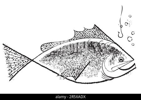 Vintage 1950s etched-style fish; detailed black and white from authentic hand-drawn scratchboard. Stock Vector