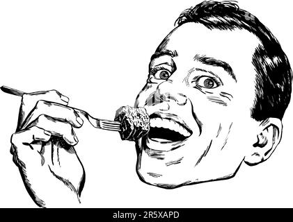 Vintage 1950s etched-style man taking a bite of..something!  Detailed black and white from authentic hand-drawn scratchboard. Stock Vector