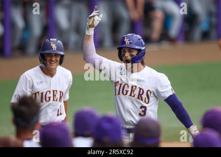 Baton Rouge, LA, USA. 4th June, 2023. LSU's Dylan Crews (3) celebrates hitting a home run during NCAA Baseball Regional action between the Oregon State Beavers and the LSU Tigers at Alex Box Stadium, Skip Bertman Field in Baton Rouge, LA. Jonathan Mailhes/CSM/Alamy Live News Stock Photo