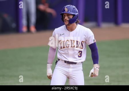 Baton Rouge, LA, USA. 4th June, 2023. LSU's Dylan Crews (3) celebrates hitting a home run during NCAA Baseball Regional action between the Oregon State Beavers and the LSU Tigers at Alex Box Stadium, Skip Bertman Field in Baton Rouge, LA. Jonathan Mailhes/CSM/Alamy Live News Stock Photo