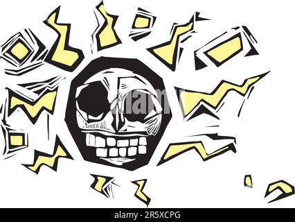 Stylized woodcut image of a skull with lightning bolts surrounding it. Might make a good tattoo or hip image on a shirt, cup or skateboard. Stock Vector