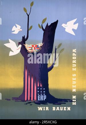 A 1950 poster promoting the European Recovery Plan (usually called The Marshall Plan). The Marshall Plan was a very ambitious financial aid program proposed by US Secretary of State George Marshall. He understood that a destroyed and prostrate Europe had to have financial help if it were to recover and to remove the threat of communist insurgency. The aid was given not lent and each country decided on how it would use the funds. In the three years of the program the US gave Europe $13 billion, a colossal sum worth $175 billion at todays values. This far-seeing and generous plan was a major fac Stock Photo