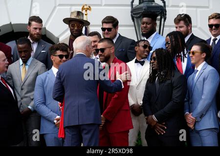 Washington DC, USA. 05th June, 2023. United States President Joe Biden welcomes the Kansas City Chiefs to celebrate their victory in Super Bowl LVII on the South Lawn of the White House in Washington on June 5, 2023.Credit: Yuri Gripas/Pool via CNP/MediaPunch Credit: MediaPunch Inc/Alamy Live News Stock Photo