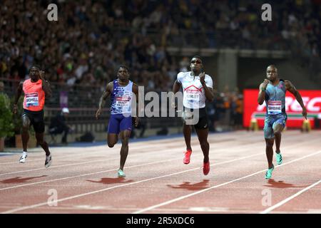 Fred Kerley (USA) wins the 100m in 9.94 during the Golden Gala Pietro Mennea, Friday, June 2, 2023, in Florence, Italy. From left: Trayvon Bromell (USA), Marvin Bracy (USA), Kerley and Akani Simbine (RSA). (Jiro Mochizuki/Image of Sport) Stock Photo