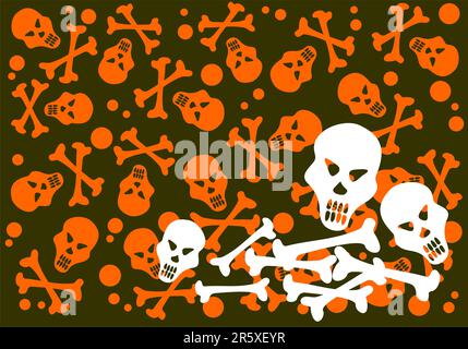 Cartoon skulls and bones on a black  background. Halloween illustration. Stock Vector