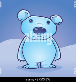 Cute polar bear cub standing in a snow covered landscape drawn in a humorous cartoon style. Stock Vector