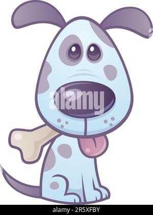Vector cartoon illustration of a cute puppy dog with a bone in his mouth and tongue sticking out. Stock Vector