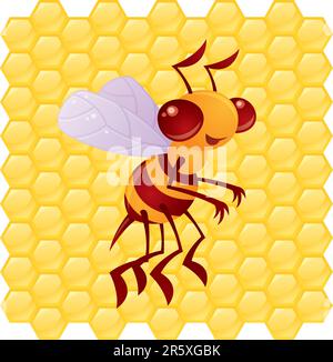 Cute vector honey bee in front of a honeycomb background drawn in a humorous cartoon style. Stock Vector
