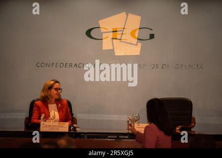 santiago, spain. may, 12th 2023. the first vice-president and minister of economic affairs and digital transformation, Nadia Calviño. She holds a meet Stock Photo