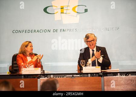 santiago, spain. may, 12th 2023. the first vice-president and minister of economic affairs and digital transformation, Nadia Calvino. applauding the s Stock Photo