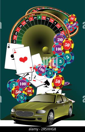 Casino elements with car image. Roulette. Black Jack. Vector illustration Stock Vector