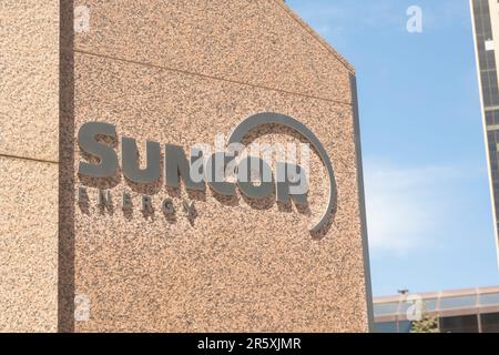 Calgary, Alberta, Canada. Jun 4, 2023. Close up to the Suncor Energy Center outside sign. Stock Photo