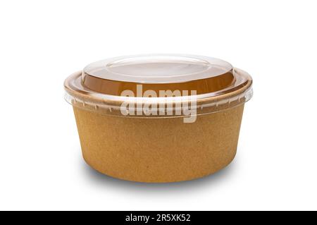 Side view closeup of brown paper bowl with plastic lid isolated on white background with clipping path. Stock Photo