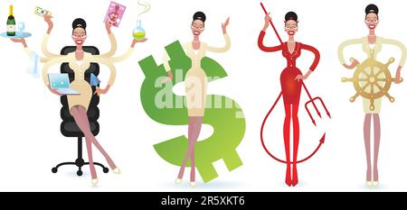 A cartoon business Woman in a variety of poses with some attribute of different  work’s situations. Holding a  dollar sign, holding  a  steering-wh... Stock Vector