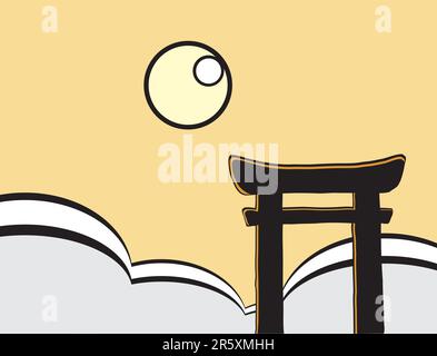 Japanese tori gate with sun and clouds. Stock Vector