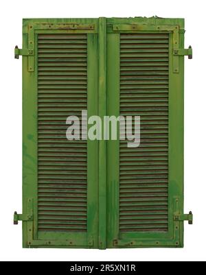 Old isolated green shutter against white background Stock Photo