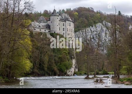 Castle, Chateau de Walzin, below River Lesse, Province of Namur, Dinant Region, Belgium Stock Photo