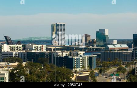 Aerial view of Jacksonville city with high office buildings. View from above of USA glass and steel high skyscraper architecture in modern american Stock Photo