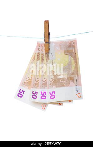 Euro notes to clothesline, banknotes, clothespin Stock Photo