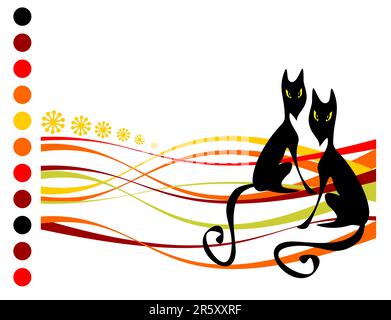 Two stylized black cats on a  striped background. Halloween illustration. Stock Vector