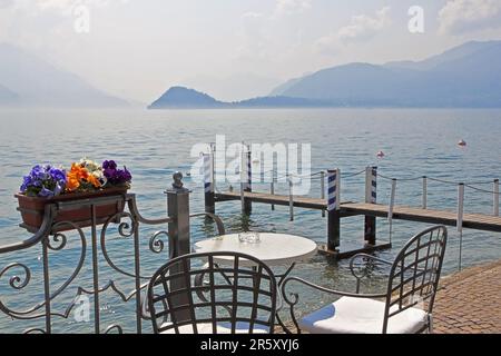 Cafe on the lake shore, Lake Como, Menaggio, Province of Como, Lombardy, Lago di Como, Italy Stock Photo
