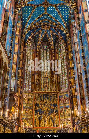 Altar Triptych Ceiling Stained Glass St Mary's Basilica Church Krakow Poland. Buit first in 1300s and the interior in 1700s Stock Photo