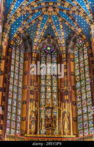 Altar Ceiling Triptych St Mary's Basilica Church Krakow Poland. Buit first in 1300s and the interior in 1700s Stock Photo