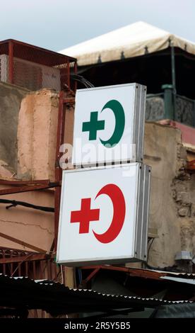 Morocco, Place Djemaa El Fna, Marrakech, Souks, Red Cross, Red Crescent Stock Photo