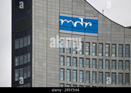 City-Hochhaus Leipzig, architect Hermann Henselmann, with MDR logo, Leipzig, Saxony, Germany Stock Photo