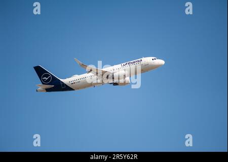 04.06.2023, Berlin, Germany, Europe - A Lufthansa Airbus A320-200 passenger aircraft takes off from Berlin Brandenburg Airport BER. Stock Photo