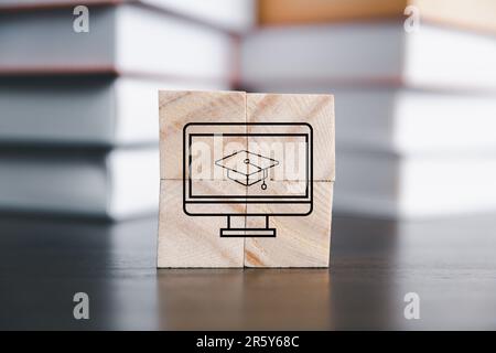 Success and necessary skills in graduation or education. Knowledge and teaching. Wooden cubes with graduation and education symbols linked. education Stock Photo