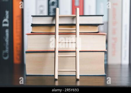A studying climbing up to the book stack. A concept of education process. Copy space for text. Distance education, e-learning concept. scale that reac Stock Photo