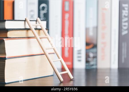 A studying climbing up to the book stack. A concept of education process. Copy space for text. Distance education, e-learning concept. scale that reac Stock Photo